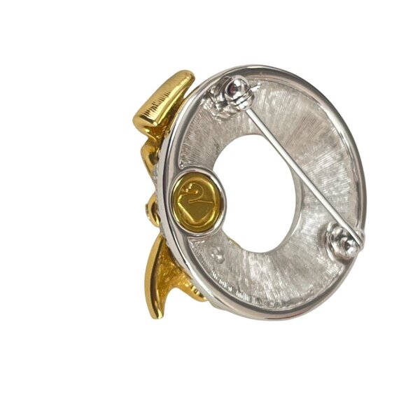 Swarovski Crystal Signed Rhodium Plated Wreath Pin Brooch Gold Bow Dainty - Picture 6 of 9